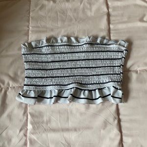 Striped strapless ruffled bikini top